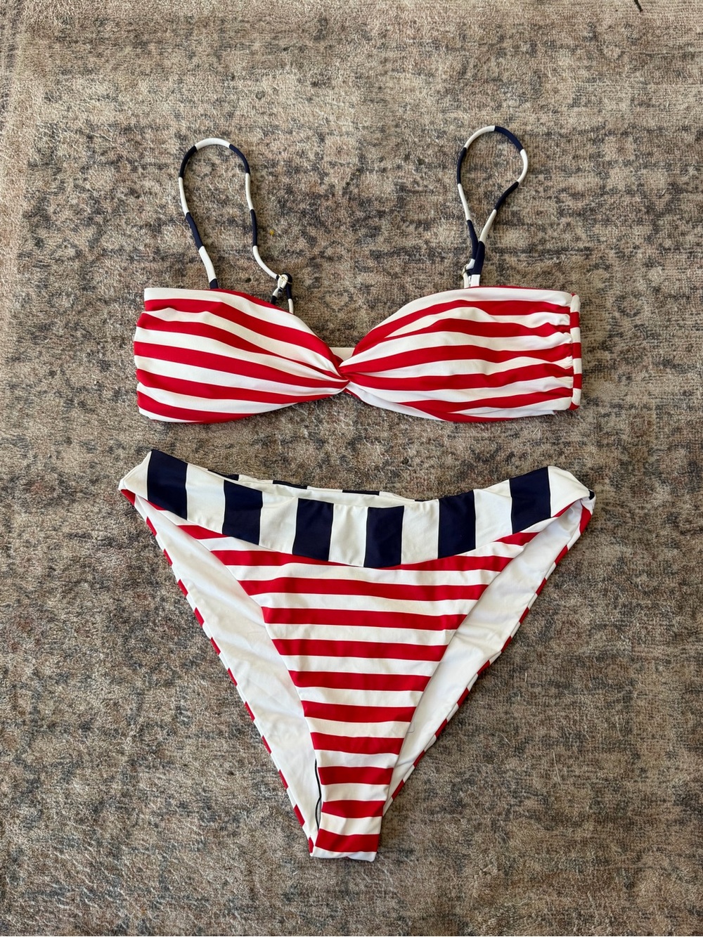 Beach Riot Red & White Striped Bikini Set with Navy Trim